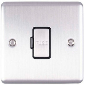13A DP Unswitched Fuse Spur SATIN STEEL & Black Mains Isolation Wall Plate