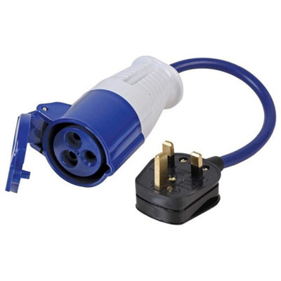 13A Plug to 16A Socket 2P+E Mains Electric Hook Up Adaptor Converter Lead for Camping / Motor Home / Caravan - Blue