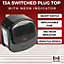 13A Switched Plug Top with Red Neon Indicator Mains Plug with on off Switch Black Pack 1