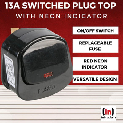 13A Switched Plug Top with Red Neon Indicator Mains Plug with on off Switch  Black Pack 5