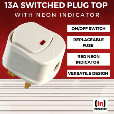 13A Switched Plug Top with Red Neon Indicator Mains Plug with on off Switch White Pack 5