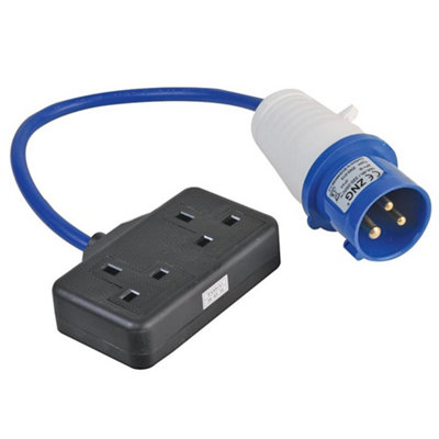 13A UK Mains Socket to 16A CEE Plug Extension Lead, 2 Gang, 2P+E, 230V