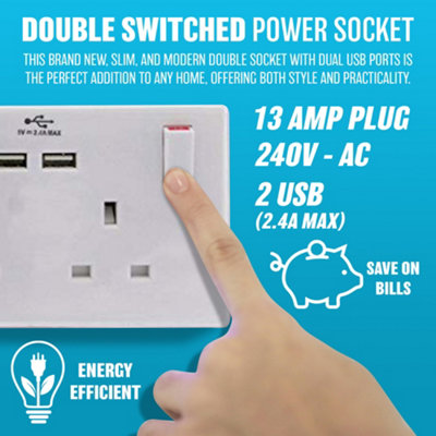 13Amp Socket Double Switch 2 Usb Ports 2 Gang Power Electric Wall White Power - 6