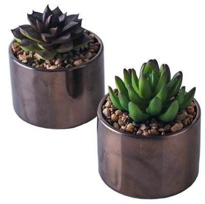 13cm Set of Two Mini Bronze Ceramic Planters with Artificial Succulent Plants