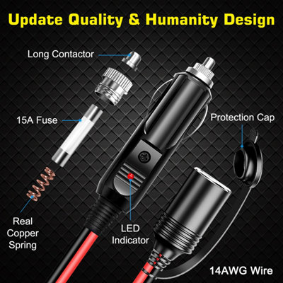13FT 14AWG Car Cigarette Lighter Extension, 12v/24v Extension Lead with LED Light, max.180W , Male to Female Socket, 15A Fuse