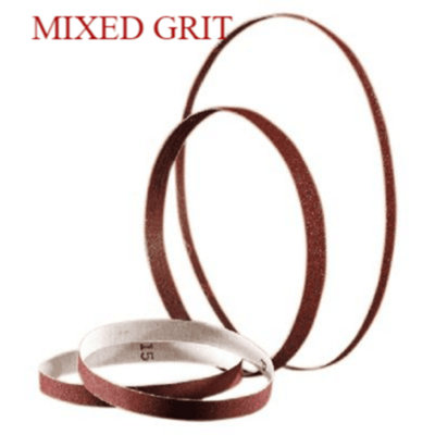 13mm x 457mm Aluminium Oxide Sanding Belts. Mixed Grit Pack of 5 belts.