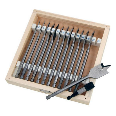 13pc Wood Drill Bit Set Flat Spade 150mm Length 6mm - 25mm Case (Neilsen CT1800)