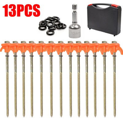 13x Screw In Heavy Duty Drill Top Ground Pegs In Case Awning Pegs Tent Pegs
