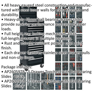 14 Drawer Topchest Mid Box & Rollcab Bundle - 1179 Piece Tool Kit - Black