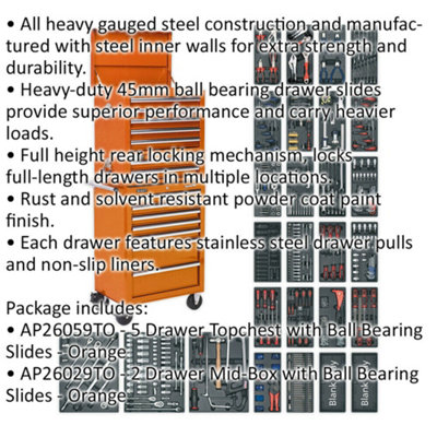 14 Drawer Topchest Mid Box & Rollcab Bundle - 1179 Piece Tool Kit - Orange
