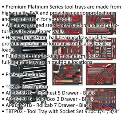 14 Drawer Topchest Mid Box & Rollcab Bundle with 446 Piece Tool Kit - Black