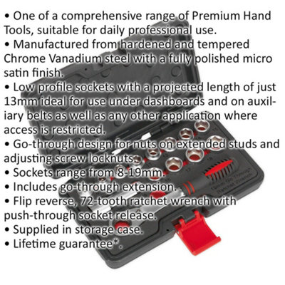 14-Piece Low Profile GO-THROUGH Socket Set with 3/4" Ratchet Handle for Tight Spaces