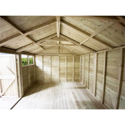 14 x 11 Pressure Treated T&G Wooden Apex Garden Shed / Workshop + 6 Windows + Double Doors (14' x 11' / 14ft x 11ft) (14x11)