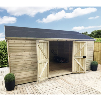 14 x 11 REVERSE Pressure Treated T&G Wooden Apex Garden Shed / Workshop & Double Doors (14' x 11' / 14ft x 11ft) (14x11)