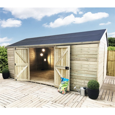14 x 15 REVERSE Pressure Treated T&G Wooden Apex Garden Shed / Workshop & Double Doors (14' x 15' /14ft x 15ft) (14x15)