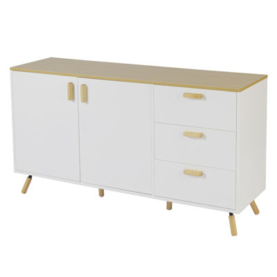 140 x 40 x 78cm Multi-Use Storage Cabinet with Solid Wood Top Double Doors and 3 Drawers in White - 3