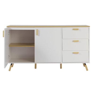 140 x 40 x 78cm Multi-Use Storage Cabinet with Solid Wood Top Double Doors and 3 Drawers in White - 4