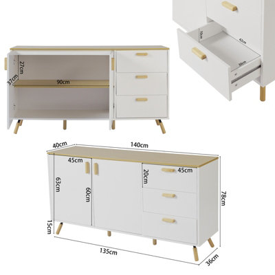 140 x 40 x 78cm Multi-Use Storage Cabinet with Solid Wood Top Double Doors and 3 Drawers in White - 9