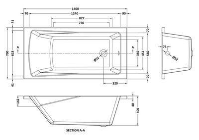 1400 x 700mm Compact Single Ended Straight Shower Bath with Leg Set