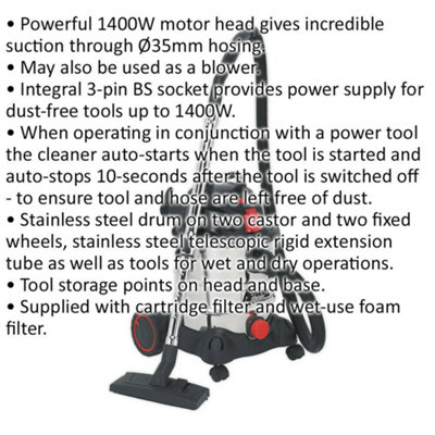 1400W Industrial Wet & Dry Vacuum Cleaner - 20L Steel Drum - Auto Start Feature