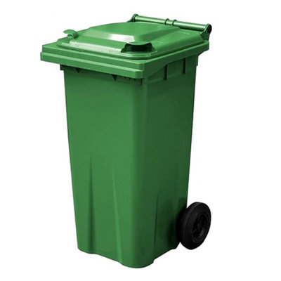 140L Green General Waste Recycling Trash Wheelie Bin With Lid, Handle & Wheels
