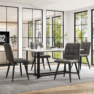 140x80cm Dining Table, Metal Frame with Marble Pattern, Adjustable Feet for Kitchen or Dining Room (White/Black)