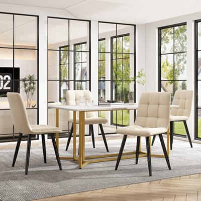 140x80cm Dining Table, Metal Frame with Marble Pattern, Adjustable Feet for Kitchen or Dining Room (White/Golden)