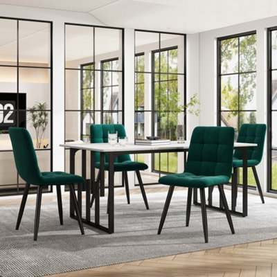 140x80cm Dining Table, Unique Metal Frame with Marble Pattern, Adjustable Feet for Kitchen or Dining Room (White/Black)