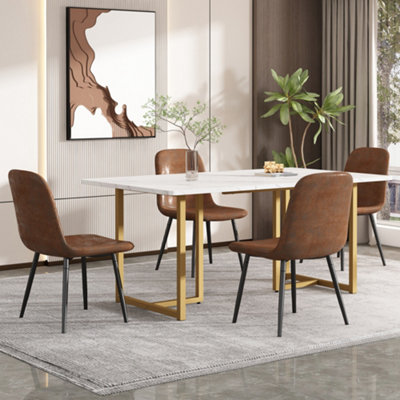 140x80x75cm Modern Dining Table, Metal Frame with L-Shaped Legs, Marble Pattern, Adjustable Feet (White/Golden)