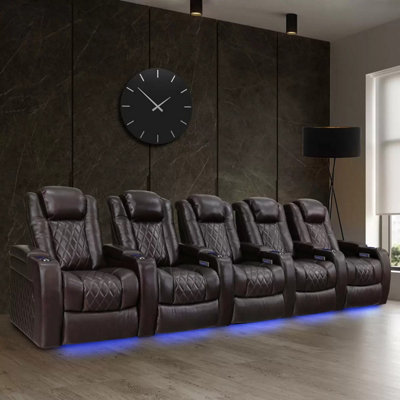 Valencia Tuscany Row Of 5 Brown Leather Power Reclining Home Theatre Seats With Power Headrest, Lumbar Support, Usb & Led Lighting