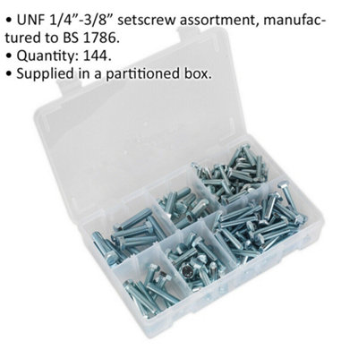 144 Pc Setscrew Assortment - 1/4" to 3/8" UNF Thread - Partitioned Storage Box