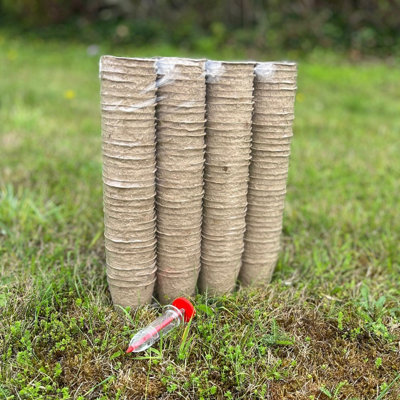 144 x 5cm Round Fibre Biodegradable Plant Pots & Handheld Seed Dispenser