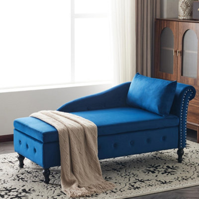 144CM Velvet Chaise Lounge Sofa with Storage, Blue