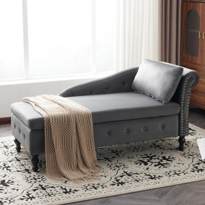 144CM Velvet Chaise Lounge Sofa with Storage, Grey
