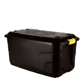 145L Heavy Duty Trunk on Wheels Sturdy, Lockable, Stackable and Nestable Design Storage Chest with Clips in Black