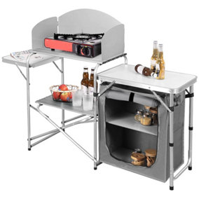 146.5cm W Lightweight  Foldable Aluminum Alloy Camp Kitchen with Zippered Storage and Windscreen, Grey and White