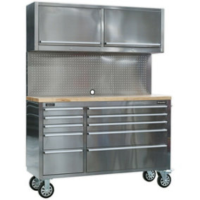 1475 x 505 x 1860mm Mobile STAINLESS STEEL Tool Cabinet - 10 Drawer & 2 Cupboard