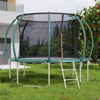 14FT Outdoor Round Trampoline with Safety Net Enclosure and Ladder Dark Green
