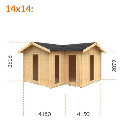 14ft x 14ft (4150mm x 4150mm) Horsforth "The Chester" 44mm L-Shaped Log Cabin With 3 Windows - 6