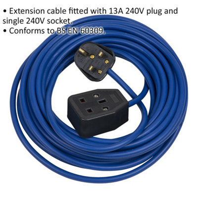 14m Extension Lead Fitted with 13A 240V Plug - Single 240V Socket - BS EN 60309