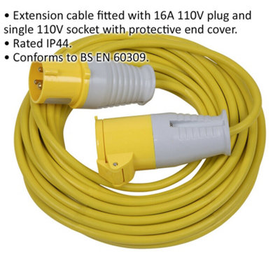 14m Extension Lead Fitted with 16A 110V Plug - Single 110V Socket - 1.5mm Cable