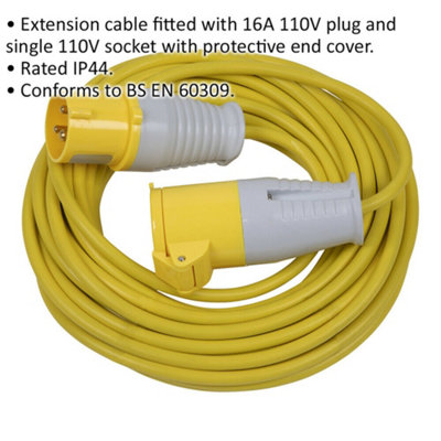 14m Extension Lead Fitted with 16A 110V Plug - Single 110V Socket