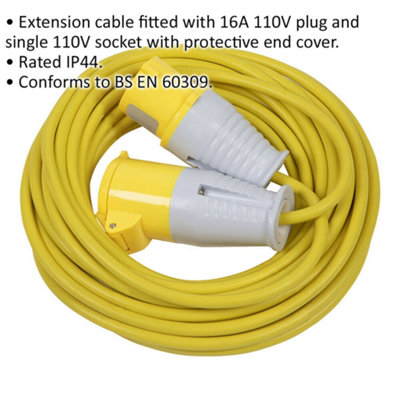 14m Extension Lead Fitted with 16A 110V Plug - Single 110V Socket - 2.5mm Cable