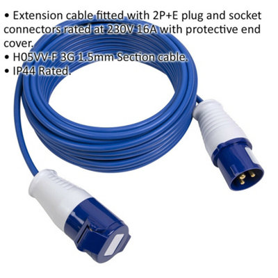 14m Extension Lead Fitted with 2P+E Plug - Single 230V 16A Socket - 1.5mm Cable