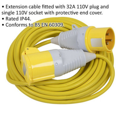 14m Extension Lead Fitted with 32A 110V Plug - Single 110V Socket - IP44 Rated