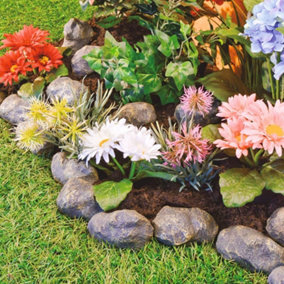 14pc Stone Effect Garden Edging - Polyresin Rock Border for Rockeries, Flower Beds, Ponds or Lawns - Each Stone L8.9 x H5 x W5cm