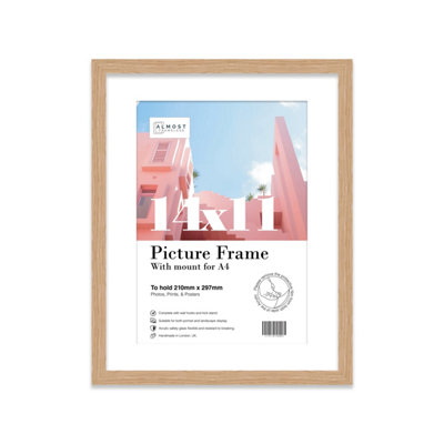 14x11" Oak Frame With Mount for A4 Pictures 20mm Thin Edge Portrait and Landscape Display with Wall Hooks and Kickstand