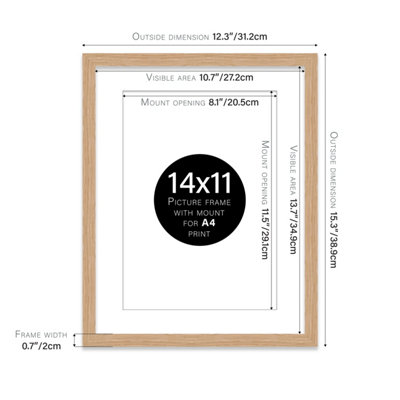 14x11" Oak Frame With Mount for A4 Pictures 20mm Thin Edge Portrait and Landscape Display with Wall Hooks and Kickstand