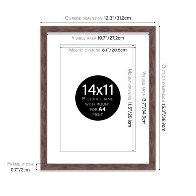 14x11" Walnut Frame With Mount for A4 Pictures 20mm Thin Edge Portrait and Landscape Display with Wall Hooks and Kickstand