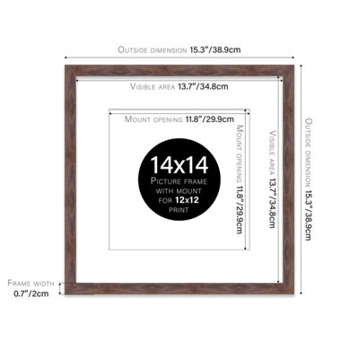 14x14" Walnut Picture Frame - 14x14" Square Frame with 12x12" Mount for 14x14"/12x12" Pictures Moderrn Style Thin Edge, 1 Pack